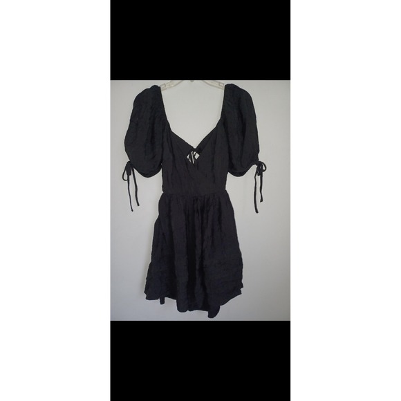 Lulus Always Precious Black Puff Sleeve Tiered Tie‎ Back Mini Dress Womens Sz Sm